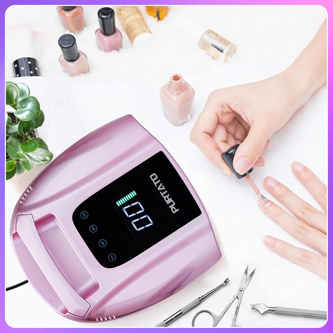 PURTATO Professional Rechargeable 96W UV LED Portable Cordless UV Light for Nail Lamp Machine with Removable Stainless Steel Bottom,4 Timer Setting and Smart Sensor Nail Dryer (Plating Pink)