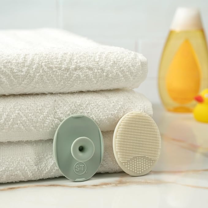 S&T INC. Cradle Cap Brush for Baby, 2 Pack, 2" x 2.5", Sage and Cream | Exfoliating and Massaging, Cleansing Brush for Baby, Silicone Bristles, Rinses Clean, Suction Cup Handle