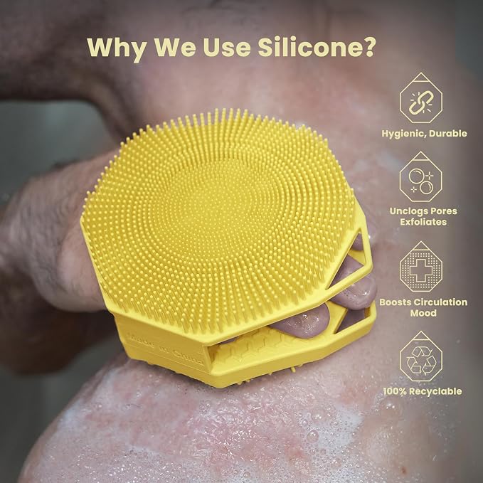 iTokGoK® Premium Silver-Infused Double-Sided Design 2-in-1 Silicone Body Scrubber for Men,Body Buffer Scrubber for Sensitive Skin, Ergonomic No-Slip Handle, Long-Lasting & Easy to Clean - Yellow