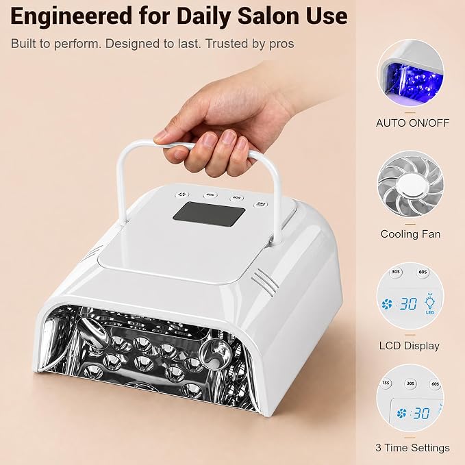 Rechargeable UV LED Nail Lamp Cordless, 108W Professional Nail Lamp for Gel Nails with Cooling Fan,Fast Drying Nail Dryer for Home or Salon Use（White）