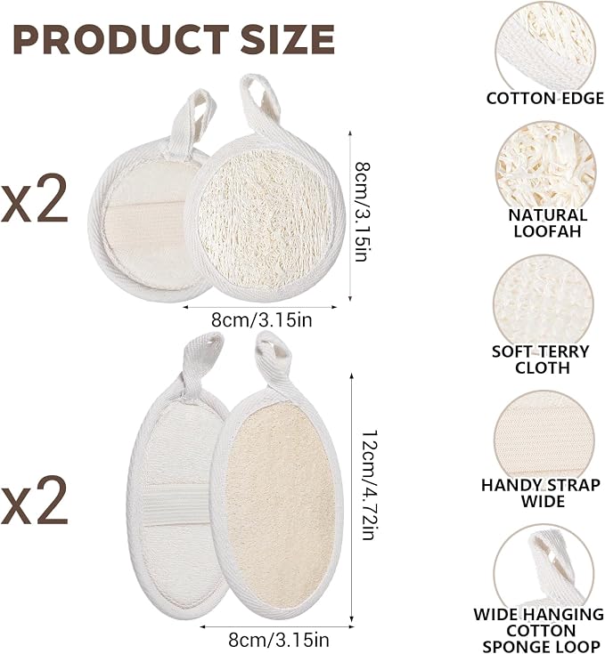 Nogeqi 4PCS Loofah Sponge Exfoliating Body Scrubber, Natural Shower Bath Loofah Exfoliating Sponge, Face Body Exfoliator Scrubber for Women Men Bath Shower, Eco-Friendly (2 Styles)
