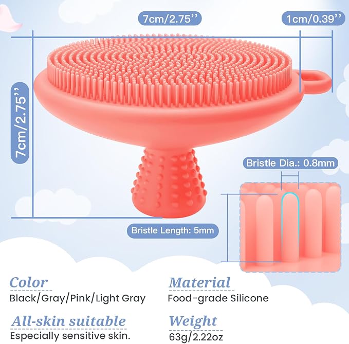 Silicone Face & Back Scrubber Set, Manual Face & Body Scrubber Exfoliator with Soft Bristles and Non-Slip Handle, Back Brush Bath Brush with 2 Detachable Brush Heads(3PCS Pink Set)
