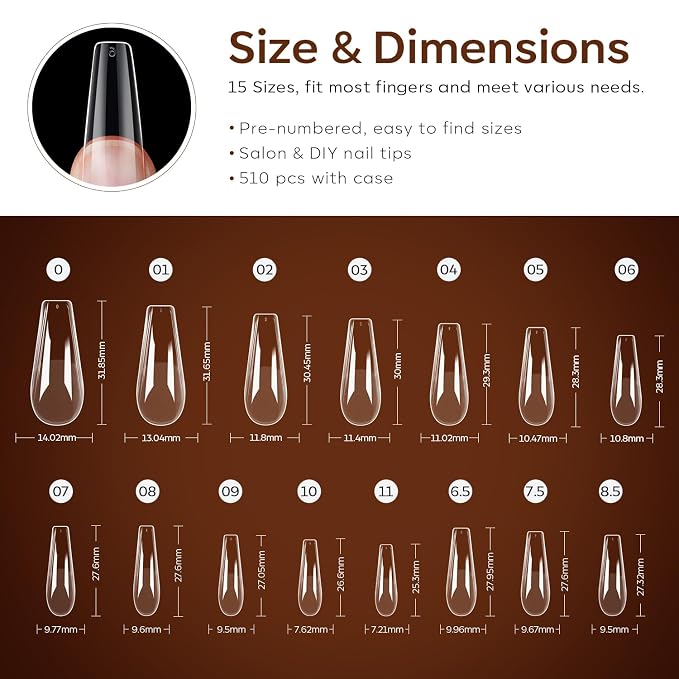 Modelones Long Coffin Nail Tips 510pcs Pre-shaped Half Matte Full Cover Gel | Fake Nails Gel Tips Acrylic Press on Manicure Extension DIY 15 Sizes