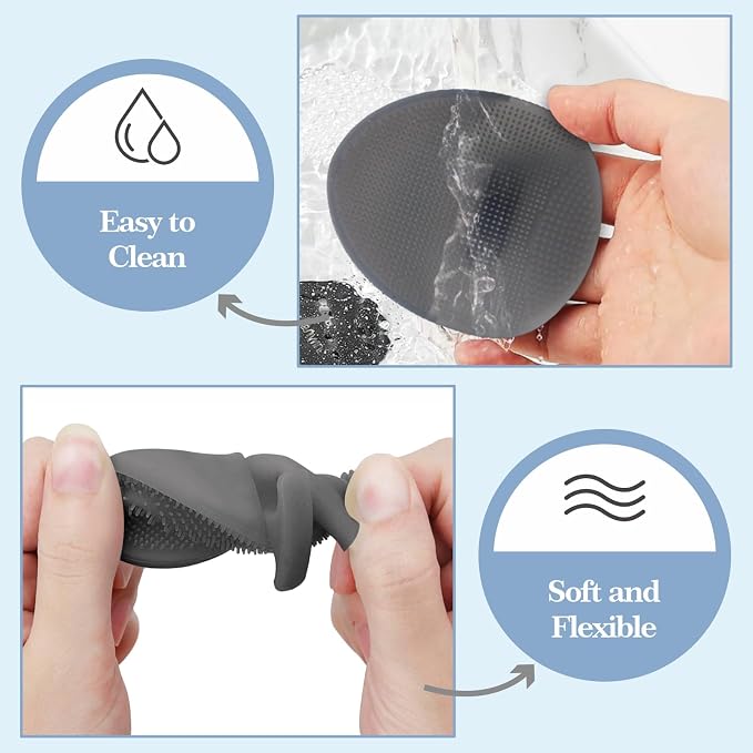 Manmihealth Silicone Back Scrubber & Shower Brush Set Thin Bristles Gray | 3PCS Gentle-Cleaning & Exfoliating Body Scrubber, Bath Glove, Face Scrubber Combination