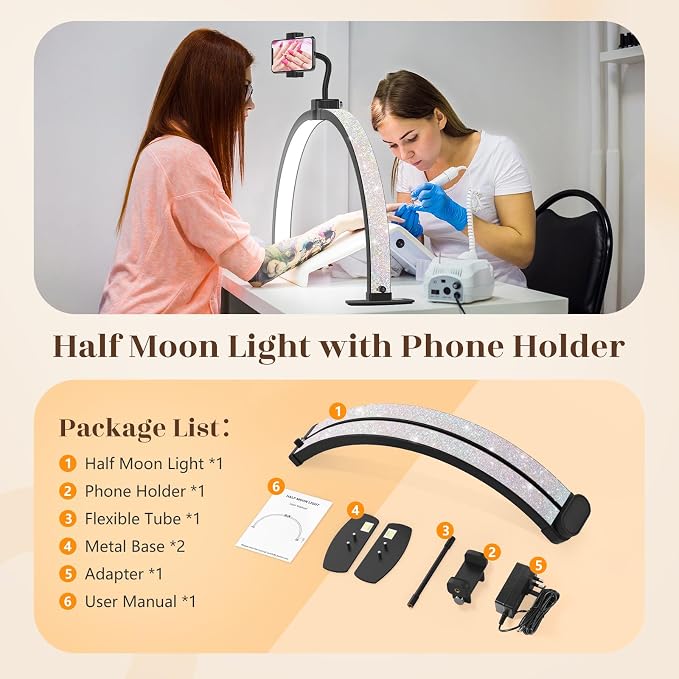 Yokilly Half Moon Light for Nail Desk: 29" Foldable Nail Light for Desk | Arch Nail Tech Light with Phone Holder for Beginner - 3 Color Modes & 10 Brightness for Manicure Salon-Black