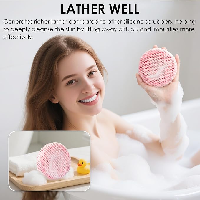Pink Food-Grade Silicone Body Scrubber with Exfoliating Net Sponge Case | Handheld Bath Scrub Shower Brush Set For Women Men, All Skin Types, Deep Clean, Lather Well, INNERNEED