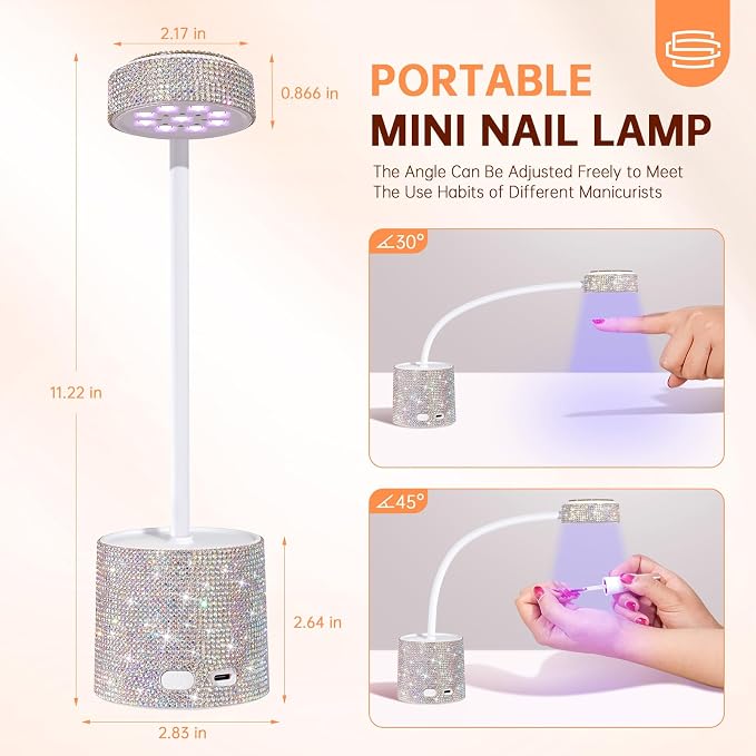 Flash Cure Nail Lamp, UV Nail Lamp for Gel Nails, Cordless Auto Sensor | 27W | Type-C | 1500mAh | Rhinestone | Mini Size | Easy to Carry | DIY Manicure | AB Diamond