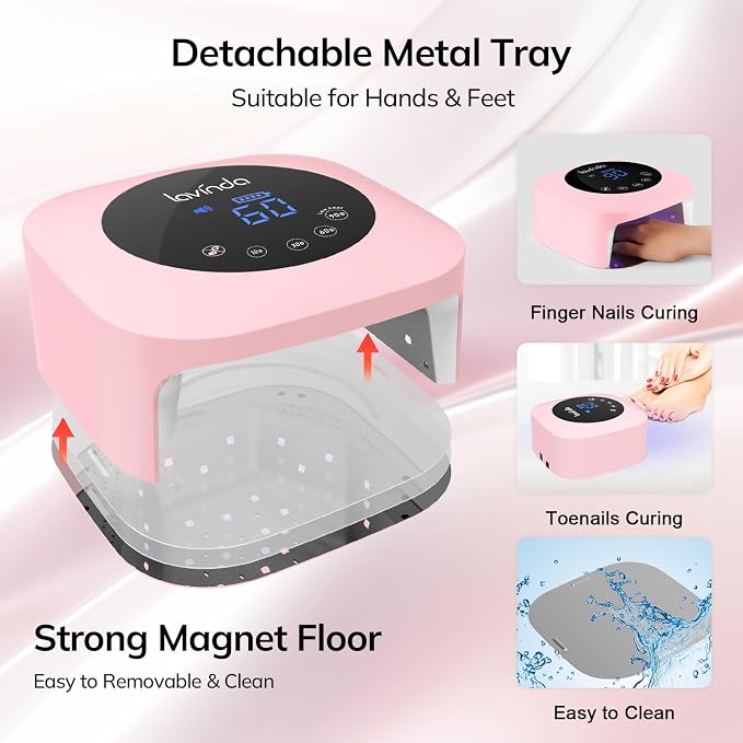 Lavinda 54W Cordless UV LED Nail Lamp for Gel Nails, Matte Macaron Pink | 36 dual-wavelength LEDs, 4 timer settings, auto sensor, LCD touch controls, Removable magnetic base