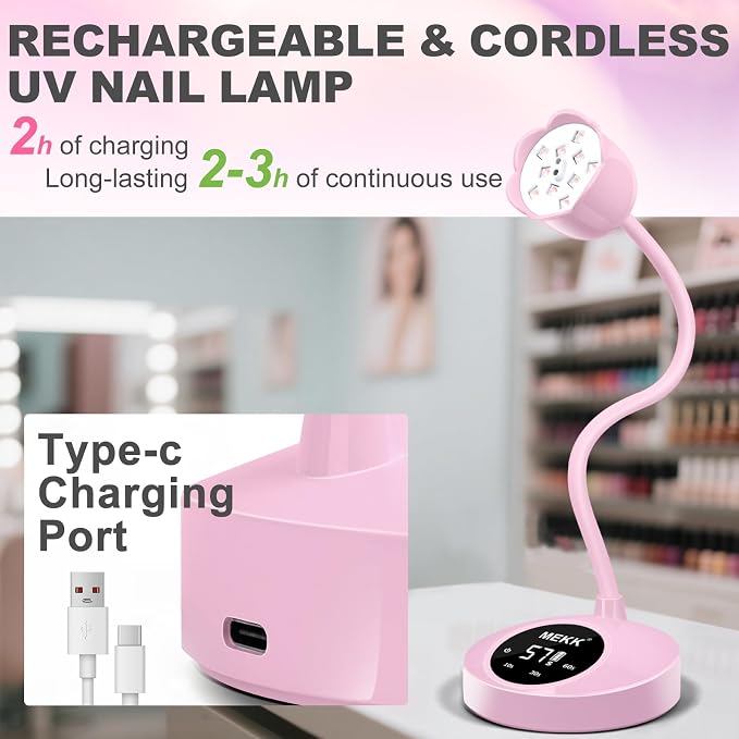MEKK Flash Cure Nail Lamp,30W Cordless Mini UV Light for Gel Nails | Gooseneck, auto sensor, 4 timers (10/30/60/90s), portable, USB-C, single nail curing, salon & home, pink