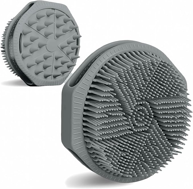 Silicone Body Scrubber, Dual-Sided Silicone Loofah for Shower, Exfoliating Body Brush Scrubber for Men and Women for All Skin, Scalp Scrubber Lather Well＆Easy to Clean (Gray)