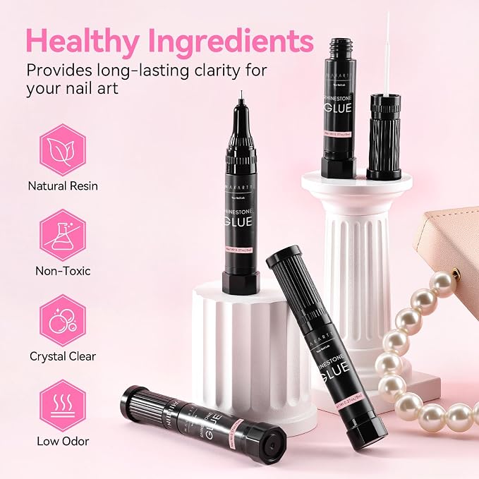 Makartt Nail Rhinestone Glue: Precision Tip and Brush for Tiny Gems 4 x 8ml | Low Viscosity, UV/LED Cured, Gap Filling, Small Charms, Glitter, Pearls and Sequins, 3D Sculpting, DIY and Salon Use