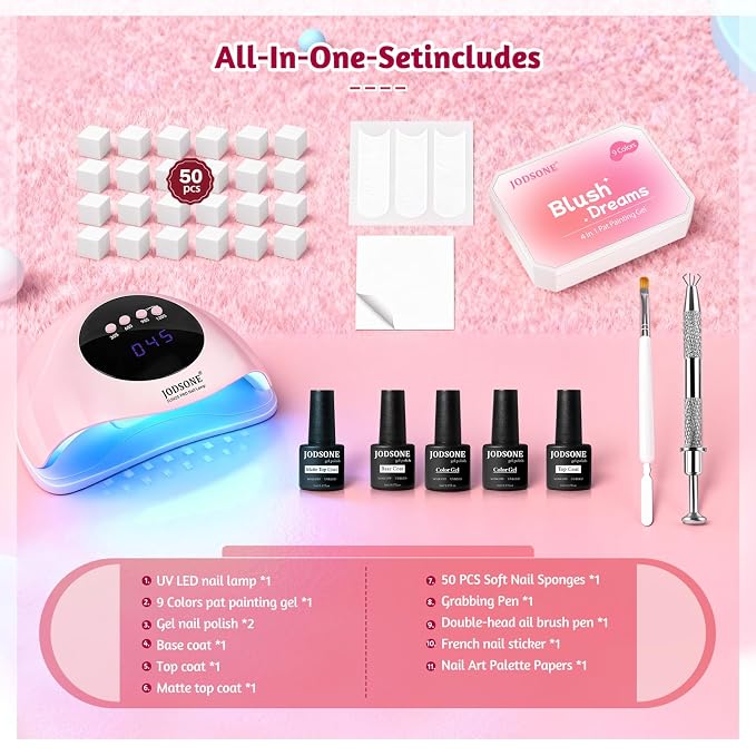 JODSONE Patting Gel Nail Polish Kit, 9 Colors U V/LED Gradient Painting Sponge Gel Kit with 50 PCS Nail Sponges and Grabbing Pen for Home & Salon Use