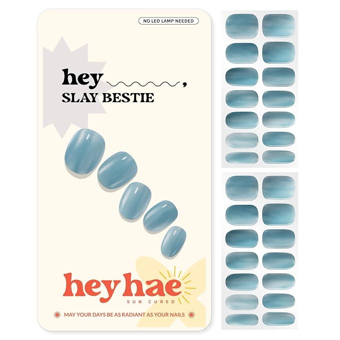 Heyhae Semi Cured Gel Nail Strips Salon Quality - Hey, Slay Bestie | No UV Light Needed | Salon Quality, Easy Apply & Remove | 28 Strips, 1 Prep Pad, Nail File, Wooden Stick | Blue Jelly