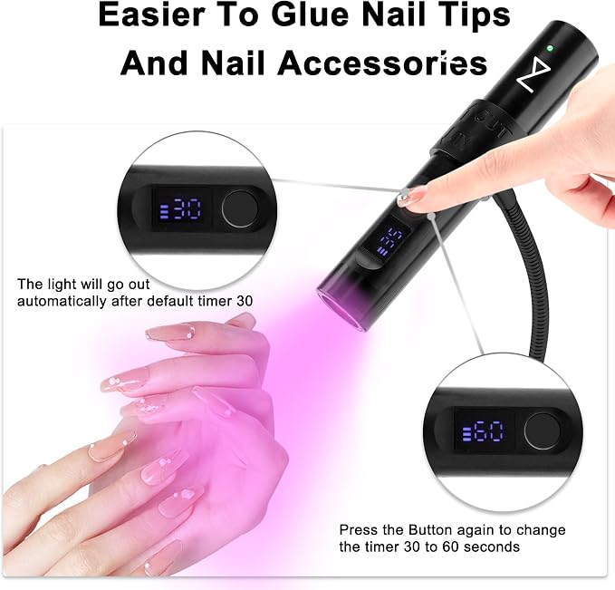 M - GlamCure GO Nail Flash Cure Lamp with Focus Beam Technology, Touch Screen - LED & UV Nail Light - Curing Lamp for Gel Nails, Acrylic, Builder - Both Portable & Adjustable (Black)