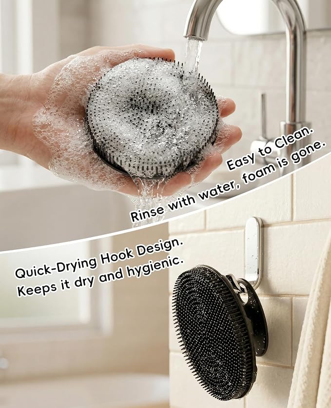 Soft Silicone Shower Brush Body Wash Bath Exfoliating Skin Massage Scrubber | 2 Pack Dry Skin Brushing Glove Loofah, Fit for Sensitive and All Kinds of Skin(Sky Blue+Black)