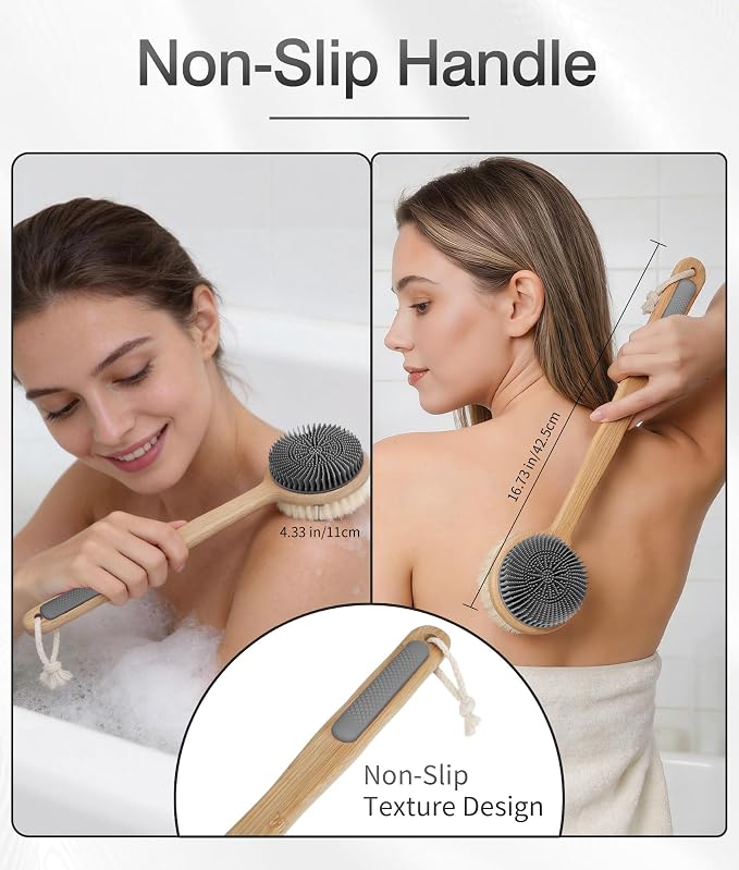 Back Scrubber for Shower - Double-Sided Silicone and Super-Dense Bristles for Deep Cleaning & Exfoliation, Bamboo Long Handle with Wider Anti-Slip Grip, Rich Foam, Durable (Grey)