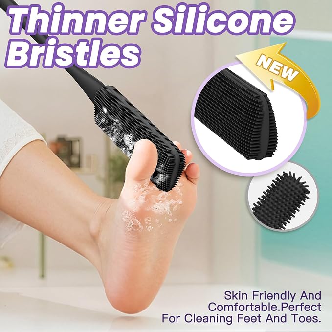 4PCS Toe Cleaning Brush,Silicone Thin Brush Bath Toe Scrubber Shower Brushes for Body Back Bath Brushes Long Handle for Shower Toe Seam Bathroom Tools (Black)