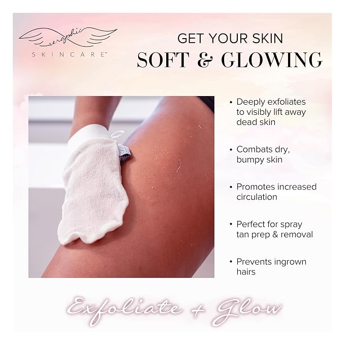 Seraphic Skincare Divine Glow Exfoliating Mitt (2pcs) – 100% Vegan Viscose Traditional Body Scrub Glove Kessa Korean Washcloth – Body Exfoliator for Self-Tan Removal & Keratosis Pilaris