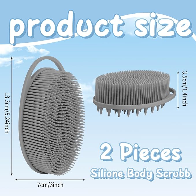 Silicone Scrubber Body, Shower Sponge & Exfoliating Body Scrubber for Men and Women, Large Flat Head Design with Handle - Gray & Pink, Bath Scrubber for Deep Cleansing & Skin Renewal