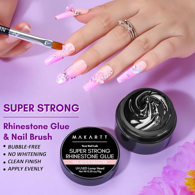 Makartt Nail Charm Glue: High Viscosity Gem Glue for Large Charms 15ml | 30-Day Hold, Extra Thick support gel for 5mm+ Crystals, Stones, 3D Nail Decor, Flash Cure Before Full UV Cure, DIY Salon Use