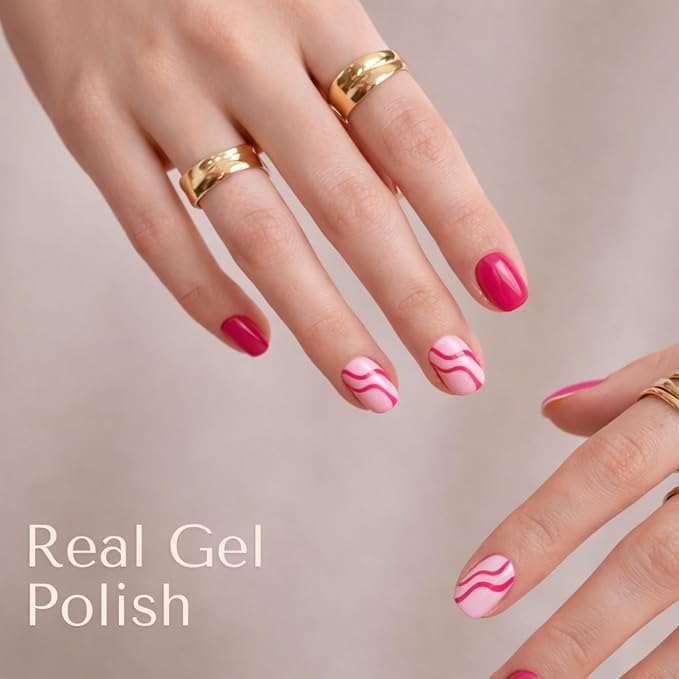 Semi Cured Gel Nail Strips Stickers Wraps | UV Nail Polish That Pops In Color (Pink Swirl) For Women & Short Nails & Long Nails (Ami Amour)