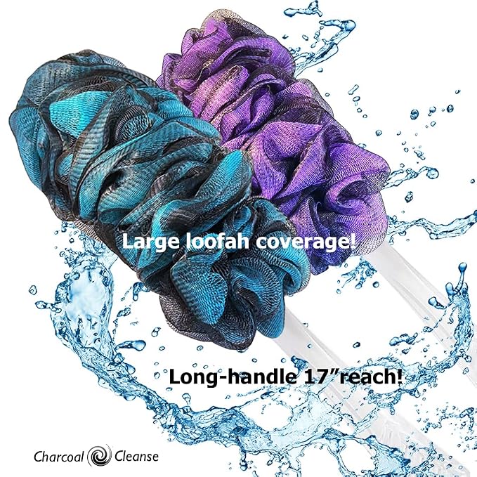 SHOWER BOUQUET Color-Charcoal Back-Loofah-with-Handle | 2-Pack Loofa Lufa | Bath-Sponge Brush Luffa | Long Handled Loofah on a Stick for Men & Women | Exfoliating Mesh Back Scrubber for Shower & Bath