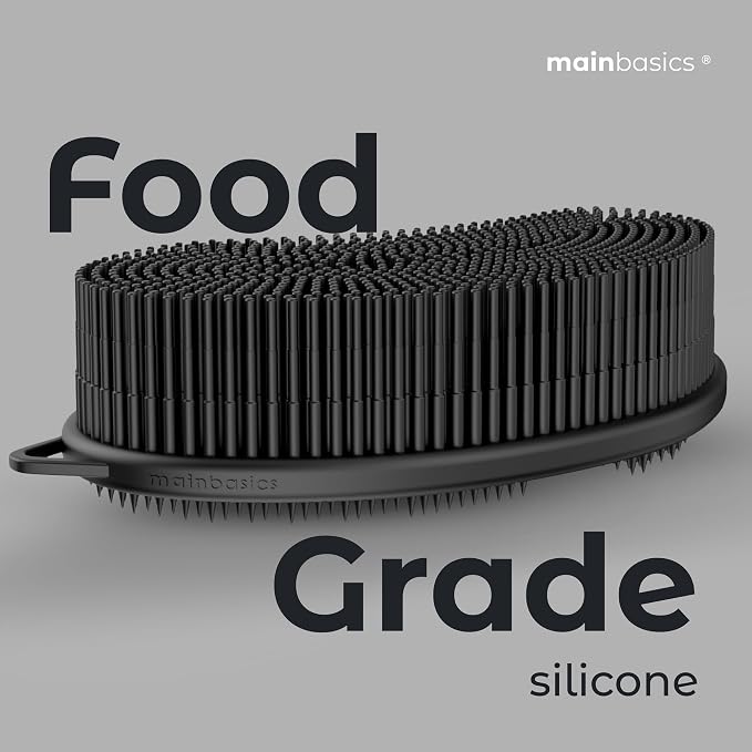 MainBasics Silicone Body Scrubber Dual-Sided, Black, Exfoliate | Shower Exfoliator for Men & Women, Gentle Silicone Loofah Alternative for Deep Clean