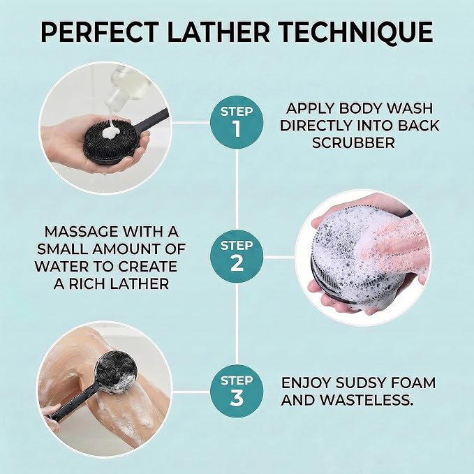 Back Silicone Rubber for Shower|17“ Curved Long Handle Body Brush|Dual-Sided Firm Exfoliating&Soft Bristles for for Men & Women|Silicone face Scrubber (Black face Brush and Pink Back Scrubber Set)