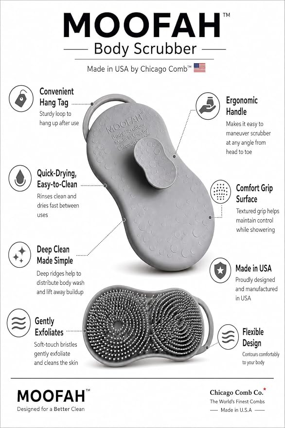 MOOFAH™ Body Scrubber- Deep Cleansing, Gentle Exfoliation for Smoother Skin, Soft-Touch Bristles, Made in USA by Chicago Comb, Easy Rinse, Quick-Dry (Shadow Grey)