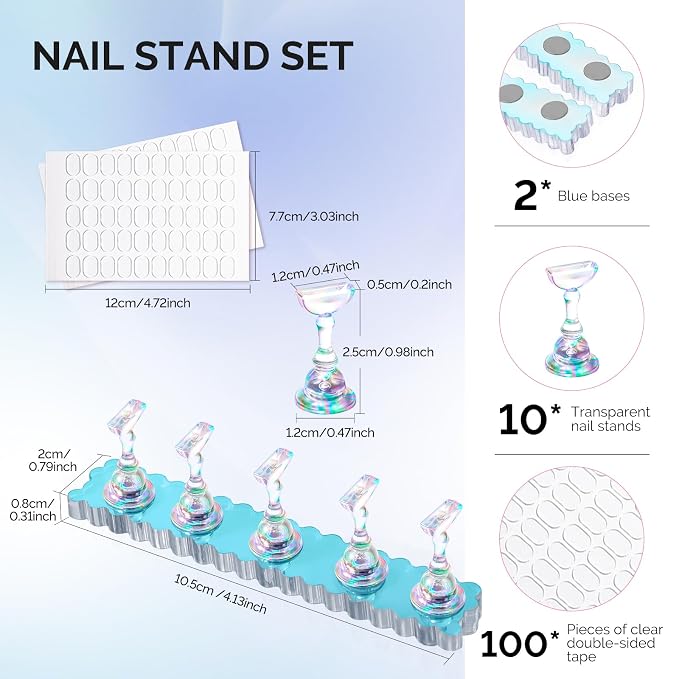 MelodySusie 2-Set Nail Stand for Press Ons Acrylic Base for Practice, Blue | Strong Magnetic, Wider Base, Residue-free Tape, Fit LED/UV Lamps, Nail Tips, For DIY Salon Painting Display, Beginners & Pros