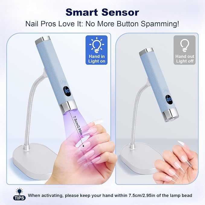 Mini Nail Lamp for Gel Nails with AI Sensor & Magnetic Stand,Rechargeable | Handheld or Hands-free,Flash Cure Nail Lamp for Gel X & Press on Nails,Gooseneck UV Light with LCD Display & 2 Timers (Blue)