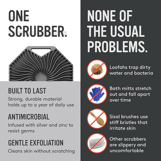 Sud Scrub® Antimicrobial Silicone Body Scrubber, Exfoliating Body Brush for Sensitive Skin, Antibacterial Shower Scrubber for Body, Bathroom Essentials for Men & Women, Charcoal