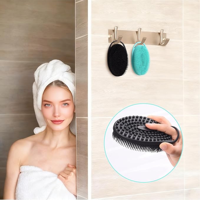 2 Pack Silicone Body Scrubber, Exfoliating Shower Scrubber for All Skin | 2 in 1 dual-sided design, soft bristles and massage bumps side, fast-drying, non-slip handle, for women and men, Black+Green