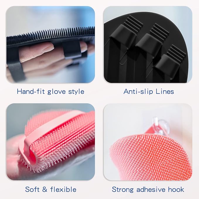 Manmihealth Silicone Body Scrubber & Face Brush Set Thick Bristles Gray | 3PCS Super-Exfoliating & Lathering Back Scrubber, Shower Brush, Face Scrubber Combination, with a Free Hook