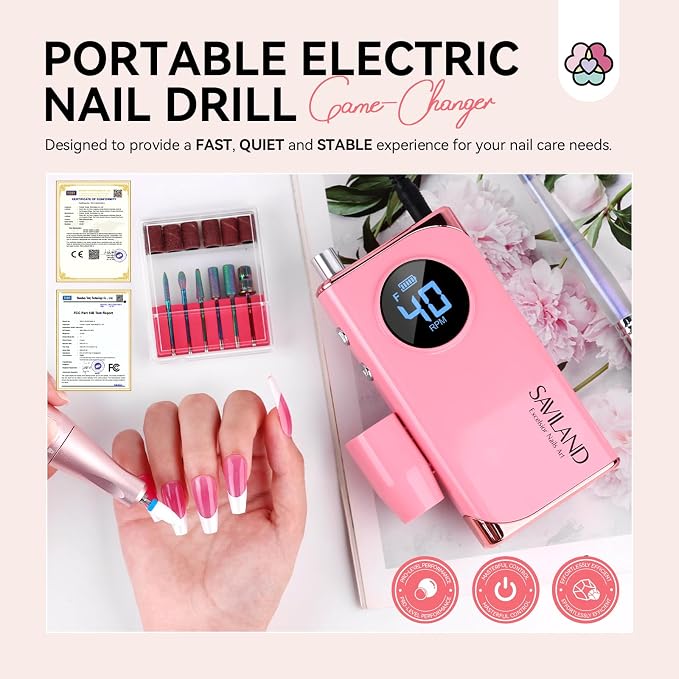 SAVILAND Professional Nail Drill : 40000RPM Rechargeable Pink Nail Drill Kit Electric Filer with 6000mAh Battery for Shaping, Removing & Polishing Acrylic Nails Home Salon Manicure Pedicure Ideal Gift