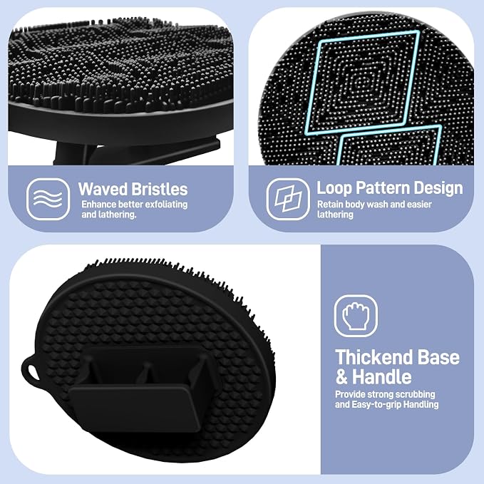 Silicone Back & Body & Face Scrubbers Set 4PCS, 15.35’’ Soft Back Scrubber for Dual-Side Usage, Easy-to-Hold Bath Glove Body Scrubber Face Scrubber for Good Foaming & Deep Cleaning(Black)