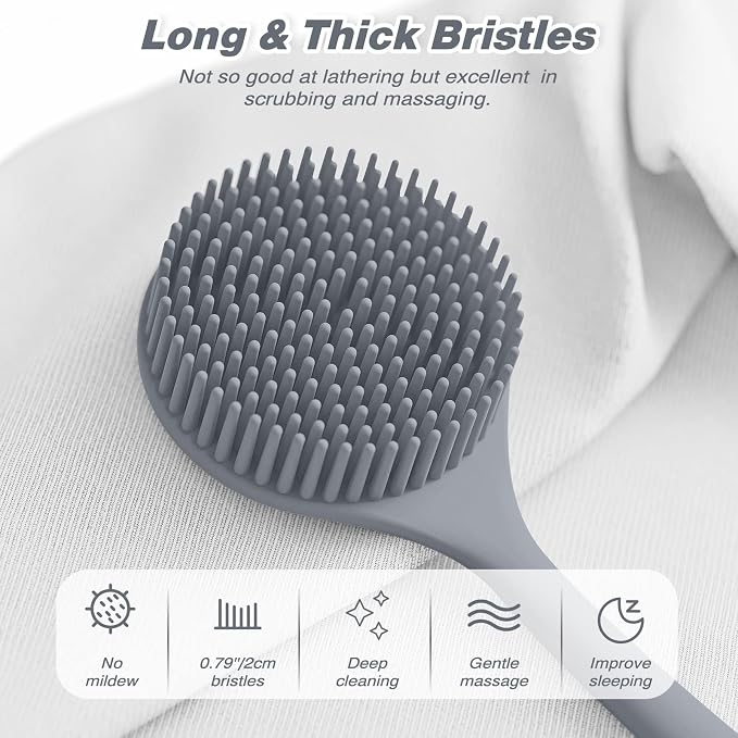 Manmihealth Silicone Back Scrubber & Soft Bath Glove Set 2PCS Gray | Super-Exfoliating Body Scrubber & Super-Lathering Shower Brush Combination, Thick Bristles, with a Free Hook