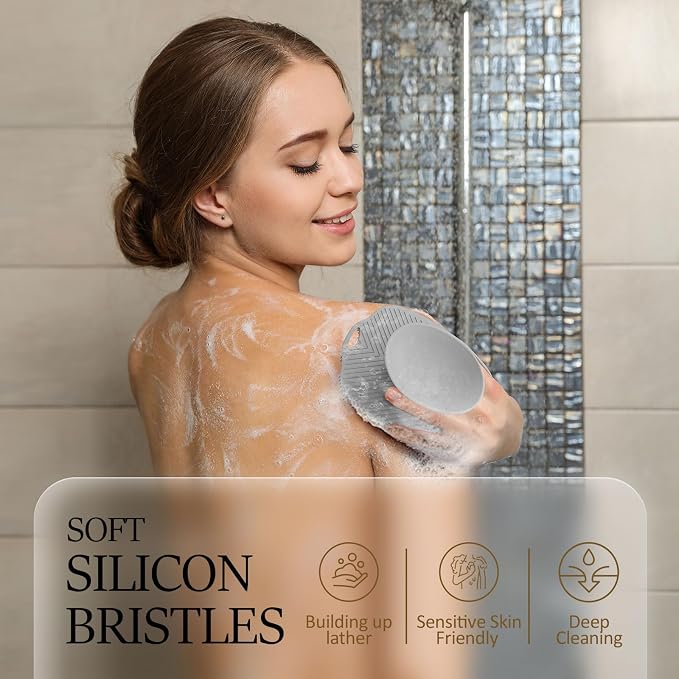 Soft Silicone Body Scrubber, Gentle Like a Hand Exfoliating Your Skin and Build Up Lather Easily, Back Large Suction Cup Easy to Store, Long-Lasting & Deep Clean (Gray)