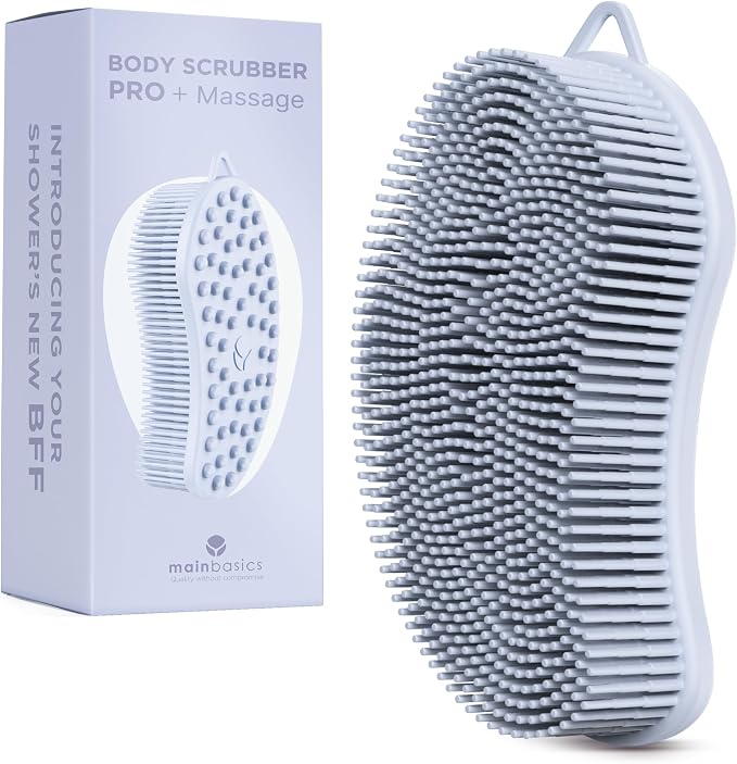 MainBasics Silicone Body Scrubber Dual-Sided, Frosted Sky, Massage | Shower Scrubber with Massage Nodes, Silicone Loofah Alternative for Deep Clean