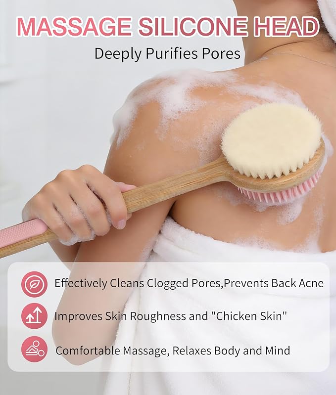 Back Scrubber for Shower - Double-Sided Silicone and Super-Dense Bristles for Deep Cleaning & Exfoliation, Bamboo Long Handle with Wider Anti-Slip Grip, Rich Foam, Durable (Pink)