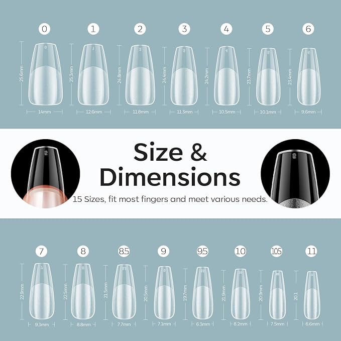 Modelones Medium Coffin Nail Tips 510pcs Soft Pre-etched Clear Press on | Half Matte Full Cover Clear Acrylic Gel Kit False Press on Nails for Extension DIY Salon 15Sizes