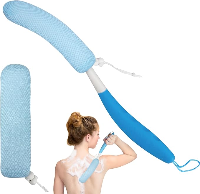 Back Scrubber for Shower,15.35" Long Handle Shower Brush for Body | Back Brush for Shower for Men Women, Long Handled Bath Sponge for Deep Clean,Exfoliating,Anti-Slip Curve Handled