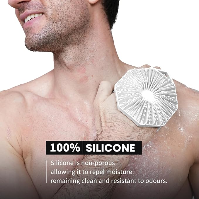 iTokGoK® Premium Silver-Infused Double-Sided Design 2-in-1 Silicone Body Scrubber for Men,Body Buffer Scrubber for Sensitive Skin, Ergonomic No-Slip Handle, Long-Lasting & Easy to Clean - White