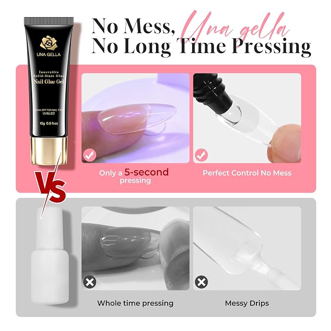 UNA GELLA Solid Gel Nail Glue Strong 15g*2pcs Set U V/LED Nail Glue Gel Lamp Required False Glue For Fake Acrylic Nails Tips Press Ons Extension DIY Salon