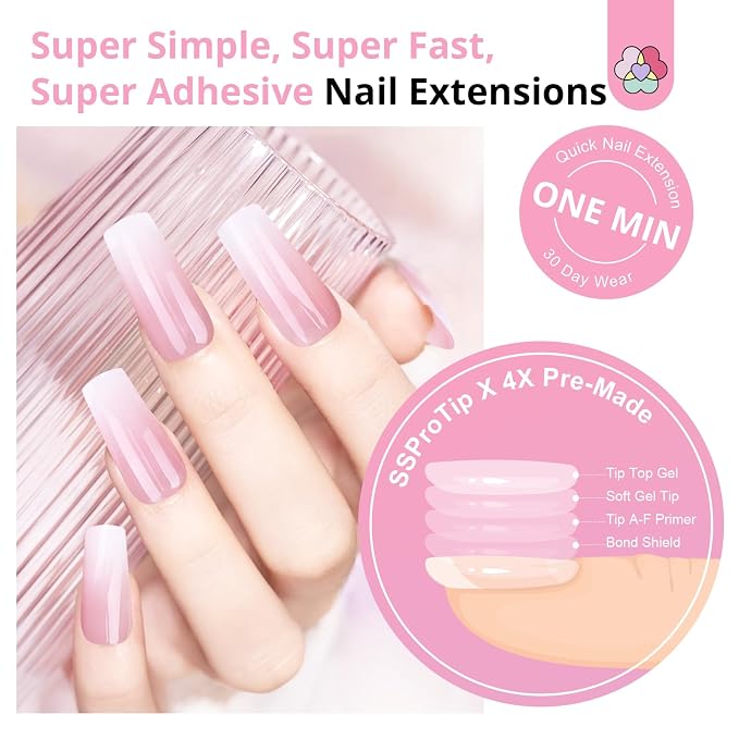 SAVILAND Gel Nail X Kit: 4X Soft Tips with Drill, 256 Ombre Full Cover Nails Tips, Castor Oil Glue, LED Lamp & Portable Drill for Home Manicure