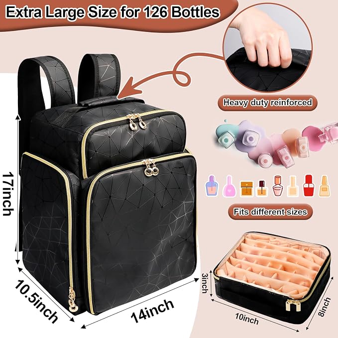 Nail Polish Organizer Backpack Holds 126 Bottles& Nail Lamp, Extra Large Nail Kit Supplies Organizer Bag with 3 Removable Cases, Portable Nail Organizers and Storage for Trave (Elegant Black)