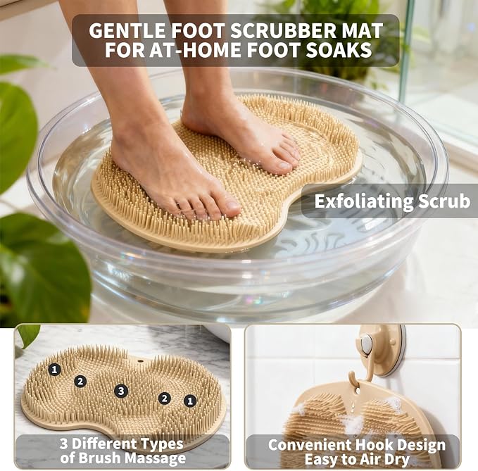 Shower Foot Scrubber Mat with 3 Types of Upgraded Brushes for Massage, Shower Back Scrubber with Micro Suction Cups,Non Slip Bathtub Shower Scrubber for Body at Home Spa(Khaki)