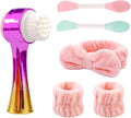 Manual Facial Cleansing Brush, 2-in-1 Skin Care face Brush, Skincare Headband and Wristband Set, 2 Pcs Face Mask Brush，6PCS (Gold+Pink)