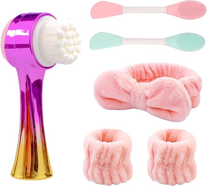 Manual Facial Cleansing Brush, 2-in-1 Skin Care face Brush, Skincare Headband and Wristband Set, 2 Pcs Face Mask Brush，6PCS (Gold+Pink)
