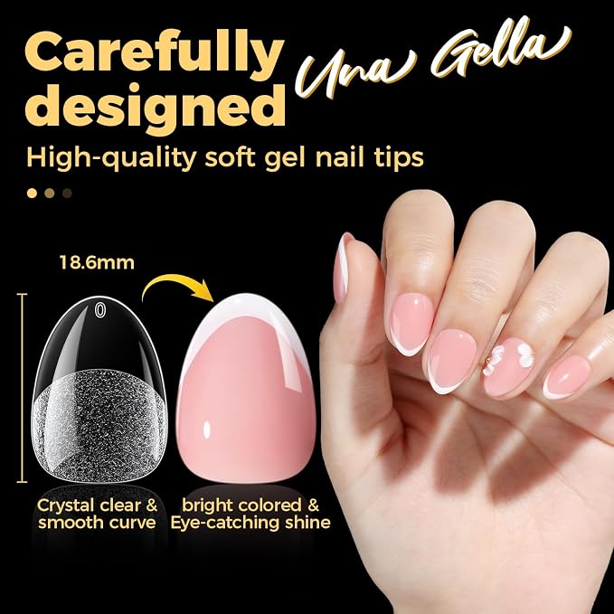 UNA GELLA Extra Short Almond Nail Tips, 504 Pcs XS Almond Gel Nail Tips | Pre-buffed Inside 12 Sizes Full Cover Press On Nails Clear Soft Gel Fake Nails for Extension Manicure Home DIY Salon